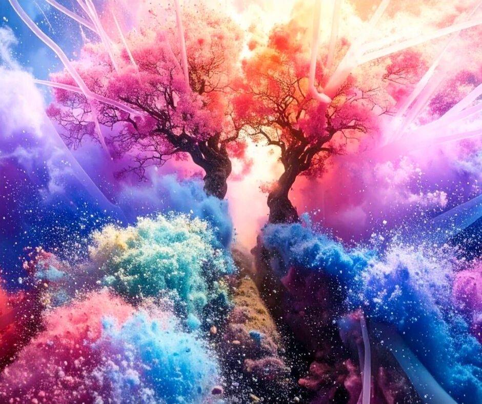 un arbre à double tronc, torturé rempli de branche